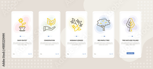 onboarding screen template for nature mobile app ui with daisy on pot, conservation, ikebana flowers, red maple tree, tree with big foliage icons.