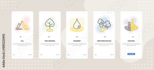 onboarding screen template for nature mobile app ui with hill, tree growing, raindrop, northern red oak tree, vineyard icons.