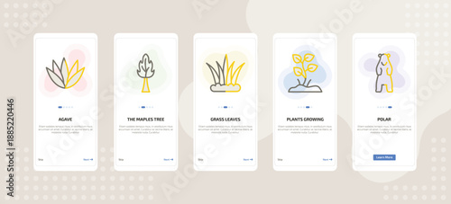 onboarding screen template for nature mobile app ui with agave, the maples tree, grass leaves, plants growing, polar icons.