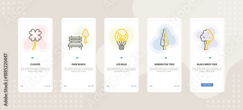 onboarding screen template for nature mobile app ui with clovers, park bench, led bulb, arborvitae tree, black birch tree icons.
