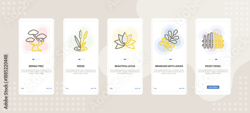 onboarding screen template for nature mobile app ui with bonsai tree, reeds, beautiful lotus flower, branches with leaves, picket fence icons.