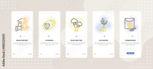 onboarding screen template for nature mobile app ui with house for nature rent, asteroids, black oak tree, cultivation, flower seeds icons.