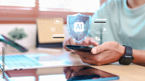 AI security and responsible artificial intelligence concept with shield protection, secure AI system and digital technology on smartphone and laptop. Data protection and AI governance.