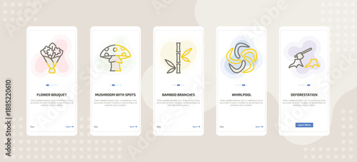 onboarding screen template for nature mobile app ui with flower bouquet, mushroom with spots, bamboo branches, whirlpool, deforestation icons.