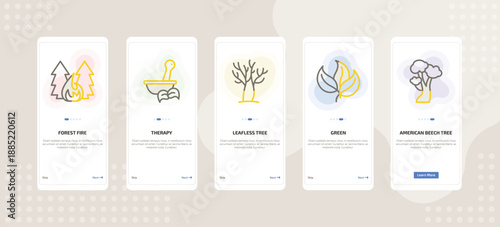 onboarding screen template for nature mobile app ui with forest fire, therapy, leafless tree, green, american beech tree icons.