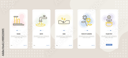 onboarding screen template for nature mobile app ui with ruins, wate, sow, pair of flowers, plant pot icons.