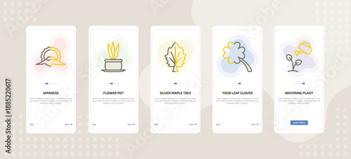 onboarding screen template for nature mobile app ui with japanese, flower pot, silver maple tree, four leaf clover, watering plant icons.