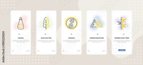 onboarding screen template for nature mobile app ui with essence, black ash tree, fengshui, snowed mountains, bamboo plant from japan icons.