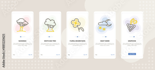 onboarding screen template for nature mobile app ui with savannah, white oak tree, floral decorations, night snow, grapevine icons.