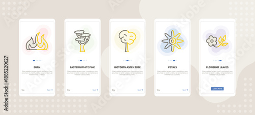 onboarding screen template for nature mobile app ui with burn, eastern white pine tree, bigtooth aspen tree, petals, flower of leaves icons.