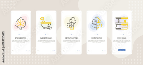 onboarding screen template for nature mobile app ui with basswood tree, flower therapy, scarlet oak tree, white ash tree, wood board icons.