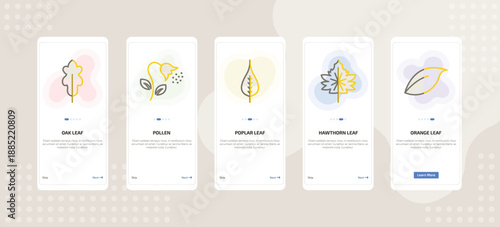onboarding screen template for nature mobile app ui with oak leaf, pollen, poplar leaf, hawthorn leaf, orange icons.