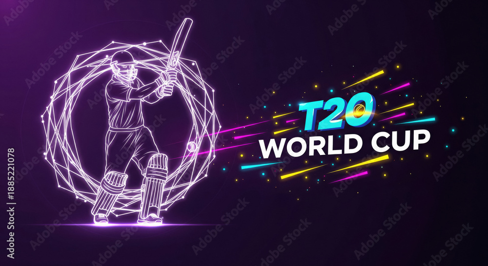 Naklejka premium T20 World Cup Neon Cricket Batter Abstract Art