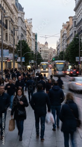 Busy city street scene features blurred pedestrians walking past moving trams and traffic