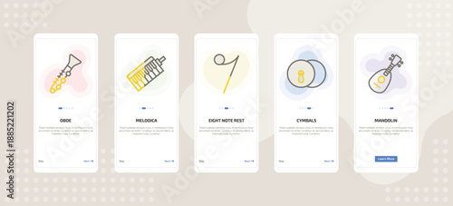 onboarding screen template for music mobile app ui with oboe, melodica, eight note rest, cymbals, mandolin icons.