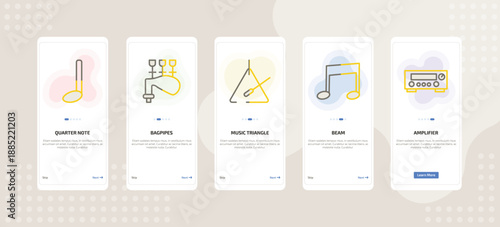 onboarding screen template for music mobile app ui with quarter note, bagpipes, music triangle, beam, amplifier icons.