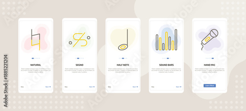onboarding screen template for music mobile app ui with natural, segno, half note, sound bars, hand mic icons.