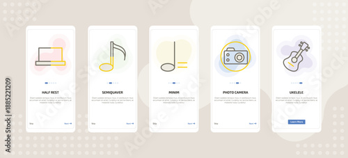 onboarding screen template for music mobile app ui with half rest, semiquaver, minim, photo camera, ukelele icons.