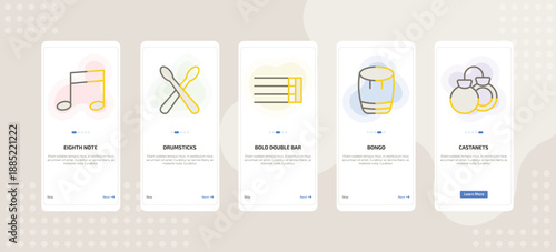 onboarding screen template for music mobile app ui with eighth note, drumsticks, bold double bar line, bongo, castanets icons.