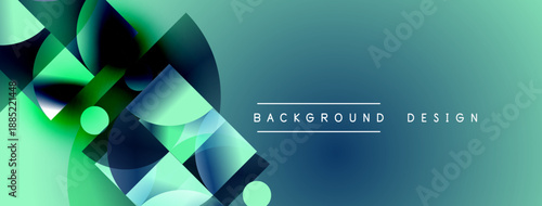 Abstract geometric shapes blend turquoise, teal, navy. Modern design evokes movement, energy, sophistication. Gradient colors create depth.