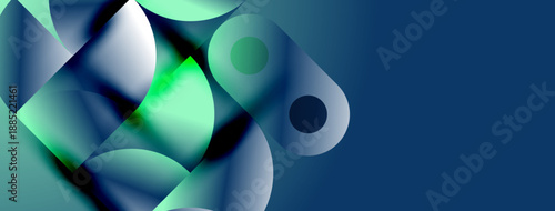 Abstract shapes overlap, creating vibrant blue, green gradients. Minimalist design evokes modern digital aesthetic. Smooth transitions dominate composition.