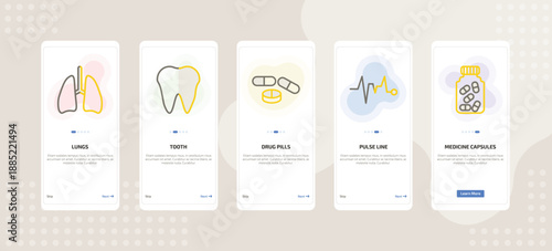 onboarding screen template for medical mobile app ui with lungs, tooth, drug pills, pulse line, medicine capsules icons.