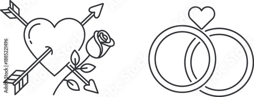 Simple black and white line art icons depicting a heart pierced by arrows with a rose and two intertwined wedding rings with a small heart detail.