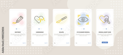 onboarding screen template for medical mobile app ui with ointment, cardiogram, scalpel, eye scanner medical, medical heart scan icons.