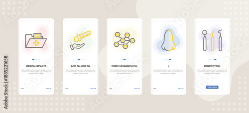 onboarding screen template for medical mobile app ui with medical results folders, acid falling on hand, three hexagons cell, l, dentist tool icons.
