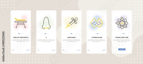 onboarding screen template for medical mobile app ui with table of treatments, e, anesthesia, thyroid gland, atomic structure icons.