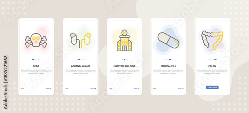 onboarding screen template for medical mobile app ui with dead, adrenal gland, hospital building front, medical pill, colon icons.