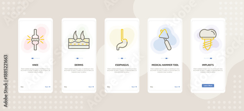 onboarding screen template for medical mobile app ui with knee, dermis, esophagus, medical hammer tool, implants icons.
