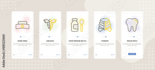 onboarding screen template for medical mobile app ui with nurse cross, caduceus, syrup medicine bottle, sternum, molar tooth icons.