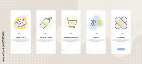 onboarding screen template for medical mobile app ui with cells in a circle, tag with a cross, phary shopping cart, braces, plastering icons.