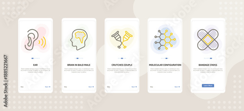 onboarding screen template for medical mobile app ui with ear, brain in bald male head, crutches couple, molecular configuration, bandage cross icons.