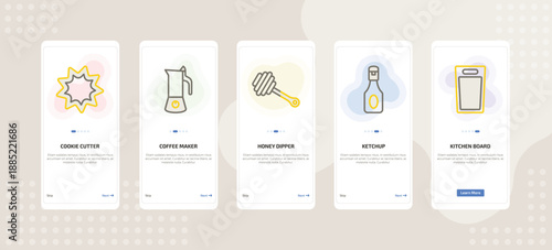onboarding screen template for kitchen tools mobile app ui with cookie cutter, coffee maker, honey dipper, ketchup, kitchen board icons.