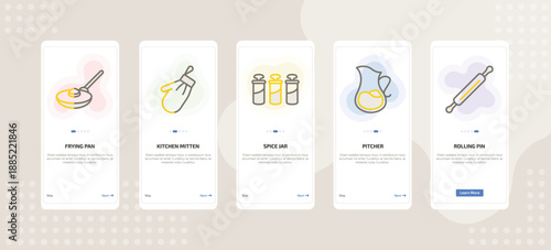 onboarding screen template for kitchen tools mobile app ui with frying pan, kitchen mitten, spice jar, pitcher, rolling pin icons.