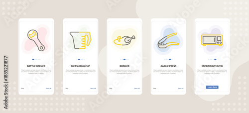onboarding screen template for kitchen tools mobile app ui with bottle opener, measuring cup, broiler, garlic press, microwave oven icons.