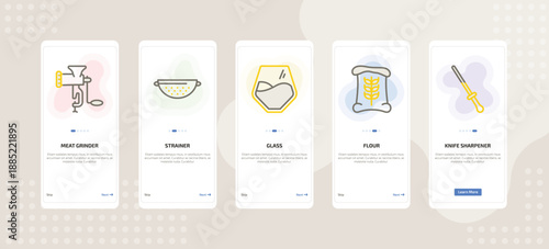 onboarding screen template for kitchen tools mobile app ui with meat grinder, strainer, glass, flour, knife sharpener icons.