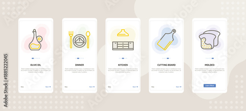onboarding screen template for kitchen tools mobile app ui with olive oil, dinner, kitchen, cutting board, molded icons.