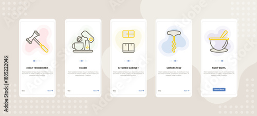onboarding screen template for kitchen tools mobile app ui with meat tenderizer, mixer, kitchen cabinet, corkscrew, soup bowl icons.