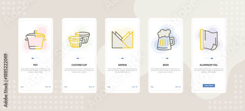 onboarding screen template for kitchen tools mobile app ui with pot, custard cup, napkin, beer, aluminum foil icons.