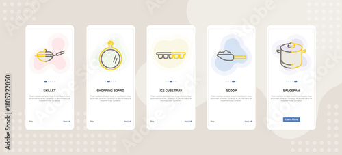 onboarding screen template for kitchen tools mobile app ui with skillet, chopping board, ice cube tray, scoop, saucepan icons.