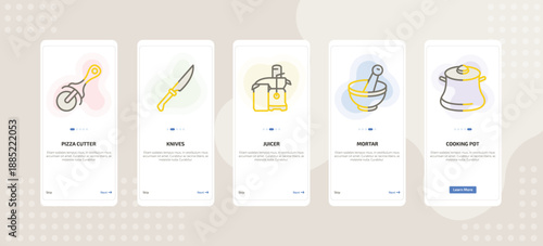 onboarding screen template for kitchen tools mobile app ui with pizza cutter, knives, juicer, mortar, cooking pot icons.