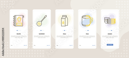 onboarding screen template for kitchen tools mobile app ui with recipe, skimmer, milk, mug, dishes icons.