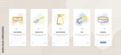 onboarding screen template for kitchen tools mobile app ui with bun warmer, sugar sifter, soap dispenser, tray, conserve icons.