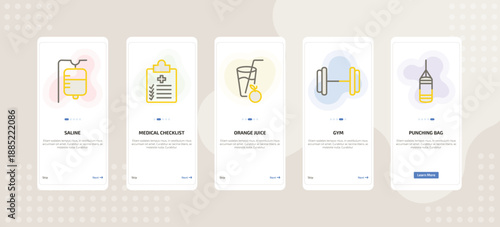 onboarding screen template for medical mobile app ui with saline, medical checklist, orange juice, gym, punching bag icons.