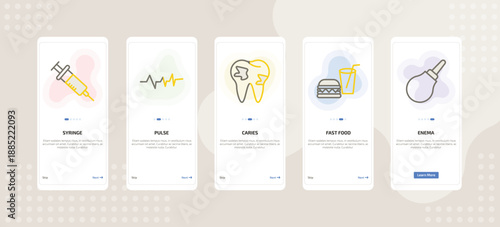 onboarding screen template for medical mobile app ui with syringe, pulse, caries, fast food, enema icons.