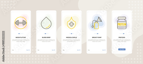 onboarding screen template for medical mobile app ui with weightlifting, blood drop, medical shield, breast pump, proteins icons.