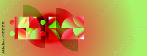 Abstract geometric shapes overlap, creating vibrant red, green, yellow gradients. Composition feels modern, dynamic.